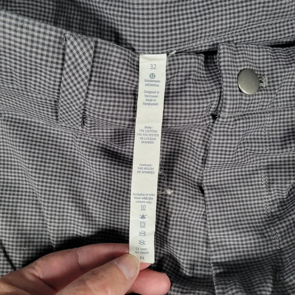 Lululemon Commission Shorts Men 32 Grey Micro Check Stretch Golf Chino 9 Inseam